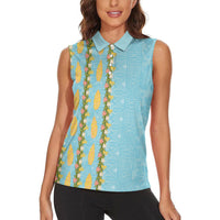 Hawaii Shell Tiare Anthurium Heliconia Lei Women Sleeveless Polo Shirt With Tapa Pattern Baby Blue