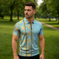 Hawaii Shell Tiare Anthurium Heliconia Lei Zipper Polo Shirt With Tapa Pattern Baby Blue LT05 - Polynesian Pride