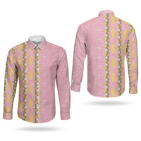 Hawaii Shell Tiare Anthurium Heliconia Lei Couples Matching Long Sleeve Bodycon Dress and Long Sleeve Button Shirt With Tapa Pattern Baby Pink LT05 - Polynesian Pride