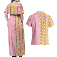 Hawaii Shell Tiare Anthurium Heliconia Lei Couples Matching Off Shoulder Maxi Dress and Hawaiian Shirt With Tapa Pattern Baby Pink