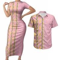 Hawaii Shell Tiare Anthurium Heliconia Lei Couples Matching Short Sleeve Bodycon Dress and Hawaiian Shirt With Tapa Pattern Baby Pink LT05 Pink - Polynesian Pride