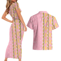 Hawaii Shell Tiare Anthurium Heliconia Lei Couples Matching Short Sleeve Bodycon Dress and Hawaiian Shirt With Tapa Pattern Baby Pink LT05 - Polynesian Pride