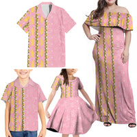 Hawaii Shell Tiare Anthurium Heliconia Lei Family Matching Off Shoulder Maxi Dress and Hawaiian Shirt With Tapa Pattern Baby Pink LT05 - Polynesian Pride