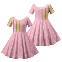 Hawaii Shell Tiare Anthurium Heliconia Lei Family Matching Off Shoulder Maxi Dress and Hawaiian Shirt With Tapa Pattern Baby Pink LT05 Daughter's Dress Pink - Polynesian Pride