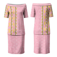 Hawaii Shell Tiare Anthurium Heliconia Lei Family Matching Puletasi and Hawaiian Shirt With Tapa Pattern Baby Pink LT05 Mom's Dress Pink - Polynesian Pride