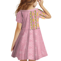 Hawaii Shell Tiare Anthurium Heliconia Lei Kid Short Sleeve Dress With Tapa Pattern Baby Pink