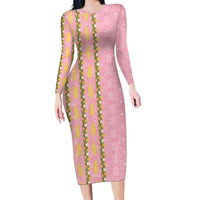 Hawaii Shell Tiare Anthurium Heliconia Lei Long Sleeve Bodycon Dress With Tapa Pattern Baby Pink
