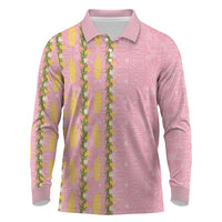 Hawaii Shell Tiare Anthurium Heliconia Lei Long Sleeve Polo Shirt With Tapa Pattern Baby Pink
