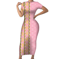 Hawaii Shell Tiare Anthurium Heliconia Lei Short Sleeve Bodycon Dress With Tapa Pattern Baby Pink LT05 Long Dress Pink - Polynesian Pride