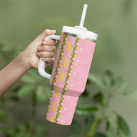 Hawaii Shell Tiare Anthurium Heliconia Lei Tumbler With Handle With Tapa Pattern Baby Pink