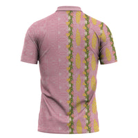 Hawaii Shell Tiare Anthurium Heliconia Lei Zipper Polo Shirt With Tapa Pattern Baby Pink LT05 - Polynesian Pride