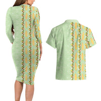 Hawaii Shell Tiare Anthurium Heliconia Lei Couples Matching Long Sleeve Bodycon Dress and Hawaiian Shirt With Tapa Pattern Baby Green LT05 - Polynesian Pride