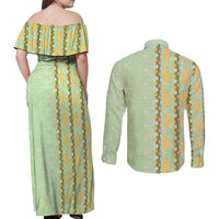 Hawaii Shell Tiare Anthurium Heliconia Lei Couples Matching Off Shoulder Maxi Dress and Long Sleeve Button Shirt With Tapa Pattern Baby Green