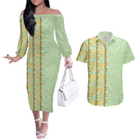 Hawaii Shell Tiare Anthurium Heliconia Lei Couples Matching Off The Shoulder Long Sleeve Dress and Hawaiian Shirt With Tapa Pattern Baby Green LT05 Green - Polynesian Pride