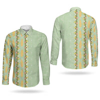 Hawaii Shell Tiare Anthurium Heliconia Lei Couples Matching Off The Shoulder Long Sleeve Dress and Long Sleeve Button Shirt With Tapa Pattern Baby Green LT05 - Polynesian Pride