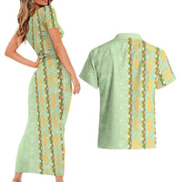 Hawaii Shell Tiare Anthurium Heliconia Lei Couples Matching Short Sleeve Bodycon Dress and Hawaiian Shirt With Tapa Pattern Baby Green LT05 - Polynesian Pride