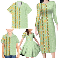 Hawaii Shell Tiare Anthurium Heliconia Lei Family Matching Long Sleeve Bodycon Dress and Hawaiian Shirt With Tapa Pattern Baby Green
