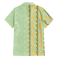 Hawaii Shell Tiare Anthurium Heliconia Lei Family Matching Puletasi and Hawaiian Shirt With Tapa Pattern Baby Green LT05 Dad's Shirt - Long Sleeve Green - Polynesian Pride