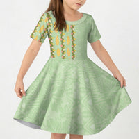 Hawaii Shell Tiare Anthurium Heliconia Lei Kid Short Sleeve Dress With Tapa Pattern Baby Green LT05 KID Green - Polynesian Pride