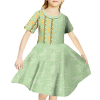 Hawaii Shell Tiare Anthurium Heliconia Lei Kid Short Sleeve Dress With Tapa Pattern Baby Green LT05 - Polynesian Pride