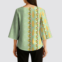 Hawaii Shell Tiare Anthurium Heliconia Lei Kimono Sleeve Blouse With Tapa Pattern Baby Green