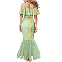 Hawaii Shell Tiare Anthurium Heliconia Lei Mermaid Dress With Tapa Pattern Baby Green LT05 - Polynesian Pride