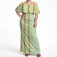 Hawaii Shell Tiare Anthurium Heliconia Lei Off Shoulder Maxi Dress With Tapa Pattern Baby Green LT05 Women Green - Polynesian Pride
