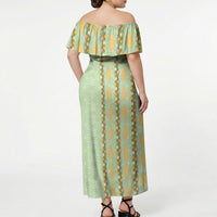 Hawaii Shell Tiare Anthurium Heliconia Lei Off Shoulder Maxi Dress With Tapa Pattern Baby Green LT05 - Polynesian Pride