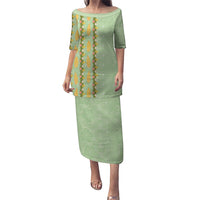 Hawaii Shell Tiare Anthurium Heliconia Lei Puletasi With Tapa Pattern Baby Green LT05 Long Dress Green - Polynesian Pride