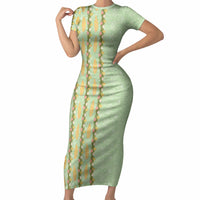 Hawaii Shell Tiare Anthurium Heliconia Lei Short Sleeve Bodycon Dress With Tapa Pattern Baby Green LT05 Long Dress Green - Polynesian Pride