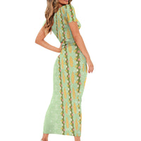 Hawaii Shell Tiare Anthurium Heliconia Lei Short Sleeve Bodycon Dress With Tapa Pattern Baby Green LT05 - Polynesian Pride
