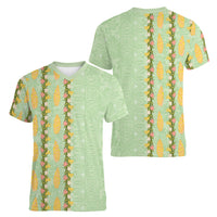 Hawaii Shell Tiare Anthurium Heliconia Lei Women V-Neck T-Shirt With Tapa Pattern Baby Green