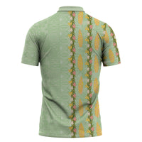 Hawaii Shell Tiare Anthurium Heliconia Lei Zipper Polo Shirt With Tapa Pattern Baby Green LT05 - Polynesian Pride