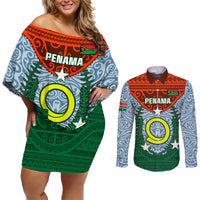 Vanuatu Penama Province Couples Matching Off Shoulder Short Dress and Long Sleeve Button Shirts Vanuatuan Coat Of Arms Polynesian Pattern LT05 Green - Polynesian Pride