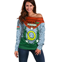 Vanuatu Penama Province Off Shoulder Sweater Vanuatuan Coat Of Arms Polynesian Pattern LT05 Women Green - Polynesian Pride