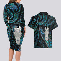 New Zealand Aotearoa Couples Matching Long Sleeve Bodycon Dress and Hawaiian Shirt Maori Tane Te Waiora Paua Shell Glitter Turquoise LT05 - Polynesian Pride