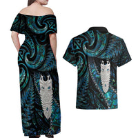 New Zealand Aotearoa Couples Matching Off Shoulder Maxi Dress and Hawaiian Shirt Maori Tane Te Waiora Paua Shell Glitter Turquoise LT05 - Polynesian Pride