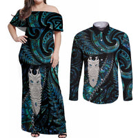 New Zealand Aotearoa Couples Matching Off Shoulder Maxi Dress and Long Sleeve Button Shirt Maori Tane Te Waiora Paua Shell Glitter Turquoise LT05 Turquoise - Polynesian Pride