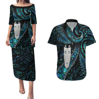 New Zealand Aotearoa Couples Matching Puletasi and Hawaiian Shirt Maori Tane Te Waiora Paua Shell Glitter Turquoise LT05 Turquoise - Polynesian Pride