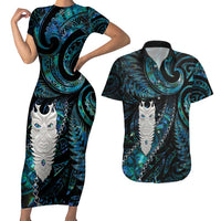 New Zealand Aotearoa Couples Matching Short Sleeve Bodycon Dress and Hawaiian Shirt Maori Tane Te Waiora Paua Shell Glitter Turquoise LT05 Turquoise - Polynesian Pride
