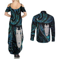 New Zealand Aotearoa Couples Matching Summer Maxi Dress and Long Sleeve Button Shirt Maori Tane Te Waiora Paua Shell Glitter Turquoise LT05 - Polynesian Pride