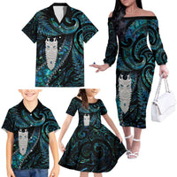 New Zealand Aotearoa Family Matching Off The Shoulder Long Sleeve Dress and Hawaiian Shirt Maori Tane Te Waiora Paua Shell Glitter Turquoise LT05 - Polynesian Pride