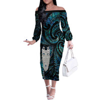 New Zealand Aotearoa Off The Shoulder Long Sleeve Dress Maori Tane Te Waiora Paua Shell Glitter Turquoise LT05 Women Turquoise - Polynesian Pride