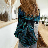 New Zealand Aotearoa Women Casual Shirt Maori Tane Te Waiora Paua Shell Glitter Turquoise LT05 - Polynesian Pride