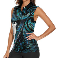 New Zealand Aotearoa Women Sleeveless Polo Shirt Maori Tane Te Waiora Paua Shell Glitter Turquoise LT05 - Polynesian Pride