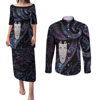 New Zealand Aotearoa Couples Matching Puletasi and Long Sleeve Button Shirt Maori Tane Te Waiora Paua Shell Glitter Purple LT05 Purple - Polynesian Pride