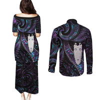 New Zealand Aotearoa Couples Matching Puletasi and Long Sleeve Button Shirt Maori Tane Te Waiora Paua Shell Glitter Purple LT05 - Polynesian Pride