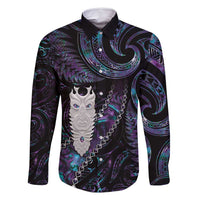 New Zealand Aotearoa Family Matching Mermaid Dress and Hawaiian Shirt Maori Tane Te Waiora Paua Shell Glitter Purple LT05 Dad's Shirt - Long Sleeve Purple - Polynesian Pride