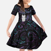 New Zealand Aotearoa Family Matching Off The Shoulder Long Sleeve Dress and Hawaiian Shirt Maori Tane Te Waiora Paua Shell Glitter Purple LT05 Daughter's Dress Purple - Polynesian Pride