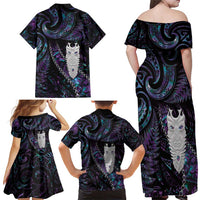 New Zealand Aotearoa Family Matching Off Shoulder Maxi Dress and Hawaiian Shirt Maori Tane Te Waiora Paua Shell Glitter Purple LT05 - Polynesian Pride